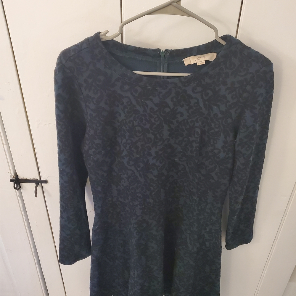 LOFT Dark Green And Black Patterned Long Sleeve Dress